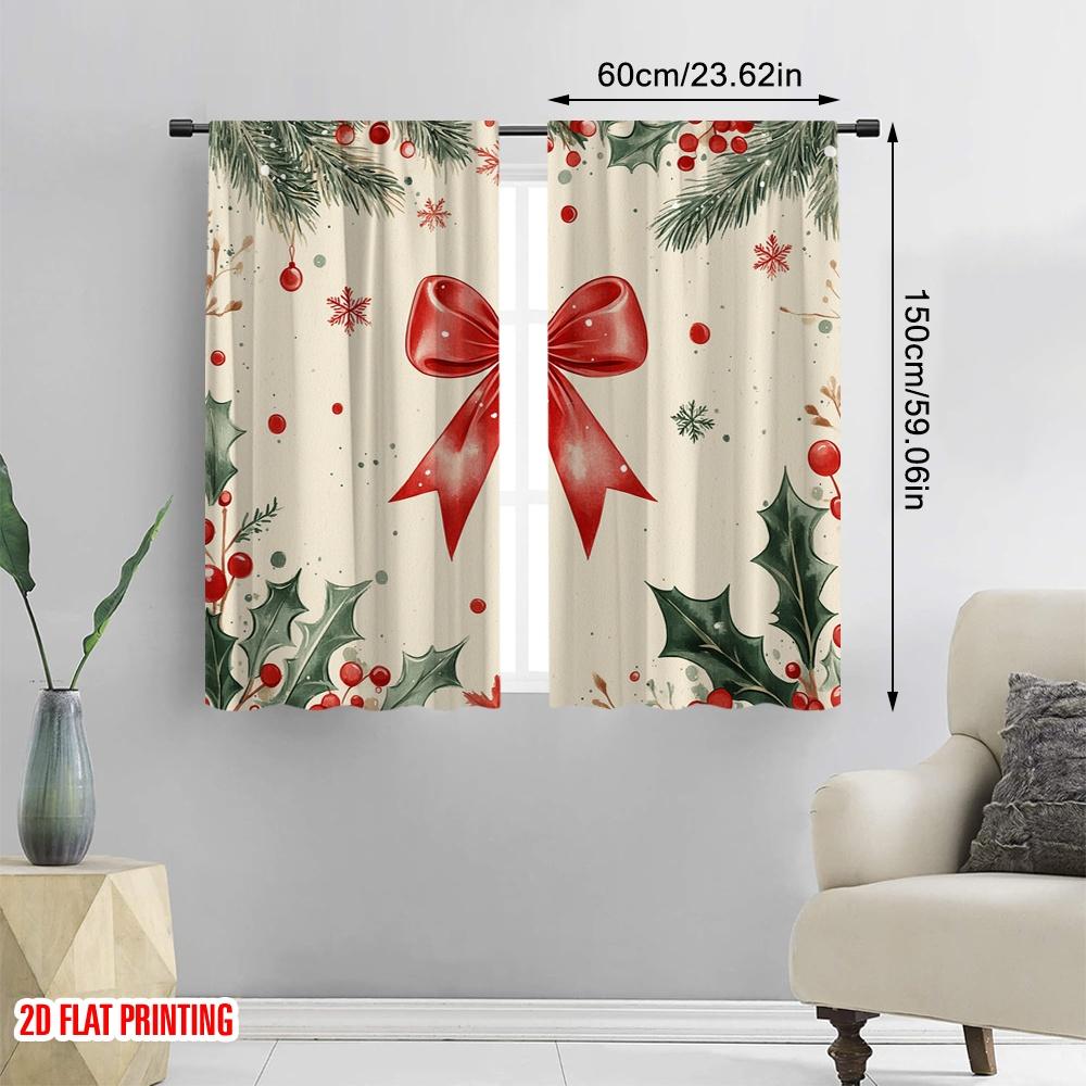 2pcs,2D plane printing Pattern Curtains Christmas Ornaments Red Bow Watercolor (3) Polyester Fabric (without rod) Holiday Ldeal