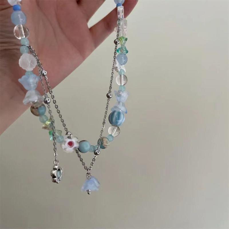 Design sense niche beaded necklace glazed flower gravel handmade collarbone chain retro neck chain necklace