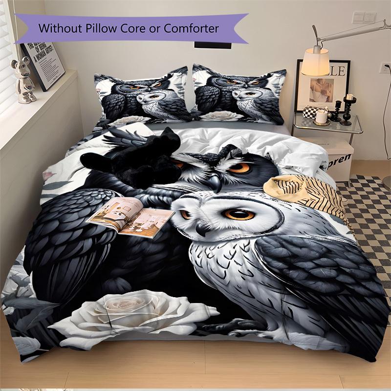 3pcs Owl Art Print Duvet Cover Set - Machine Washable, Includes 1 Cover and 2 Pillowcases, No Core Included yy251013124