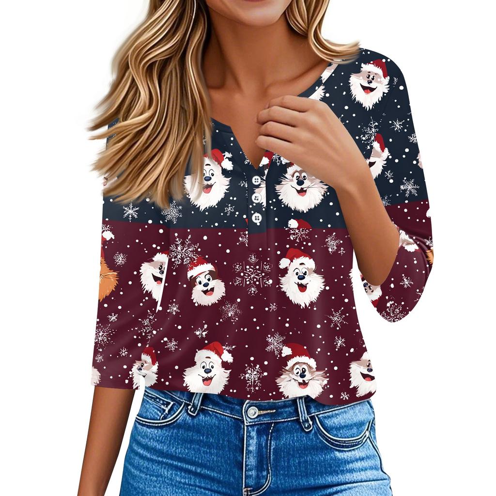 Women's T Shirt Tee Christmas Printed Button 3/4 Sleeve Tunic Daily Weekend Fashion Basic V- Neck Regular Top
