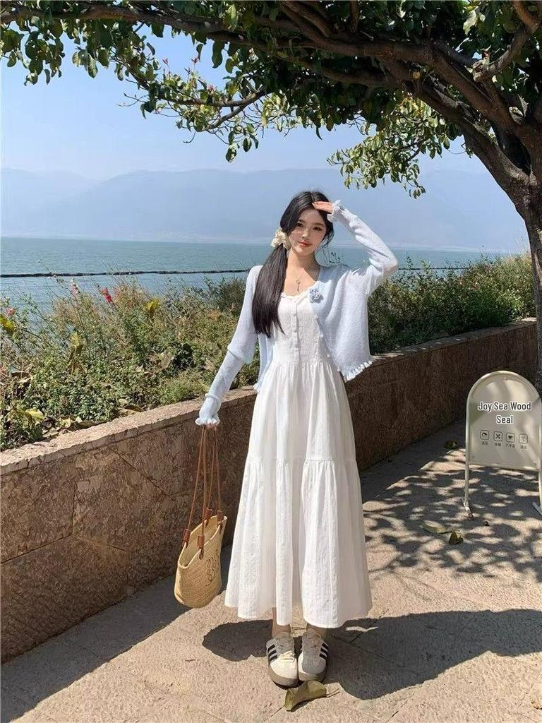 Plus Size French Style Lace Camisole Dress & Sun Protection Cardigan Set