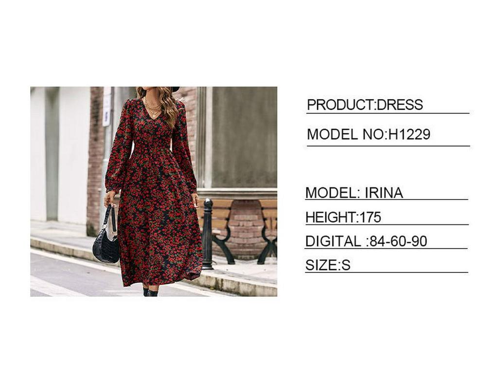 V-neck Long-sleeve Printed Dress - European & American Style, Spring/Autumn Collection