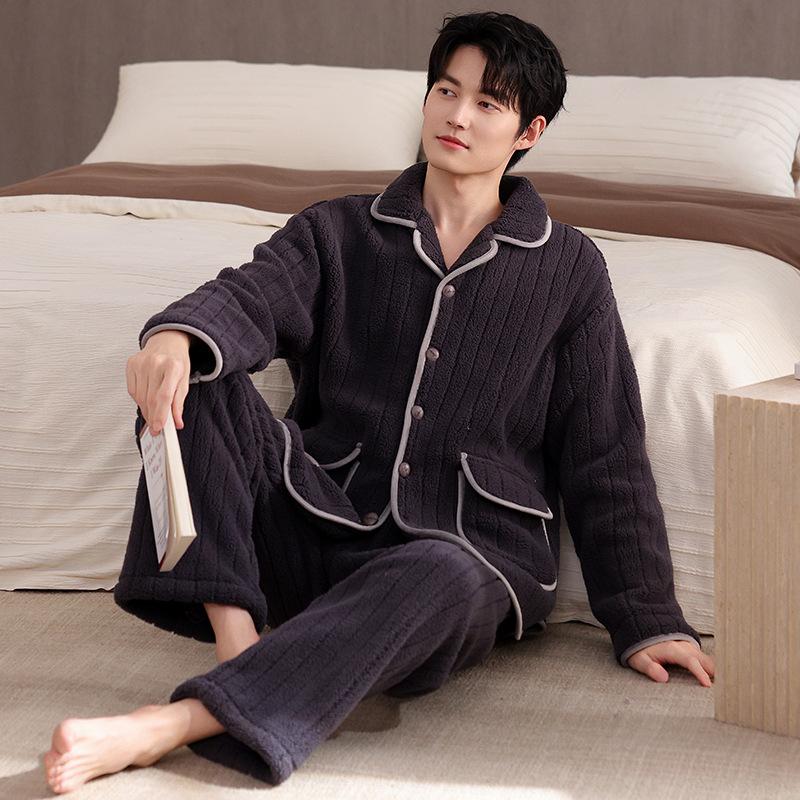 Couple pajamas winter warm coral fleece men's long-sleeved trousers high-end women's flannel loungewear set