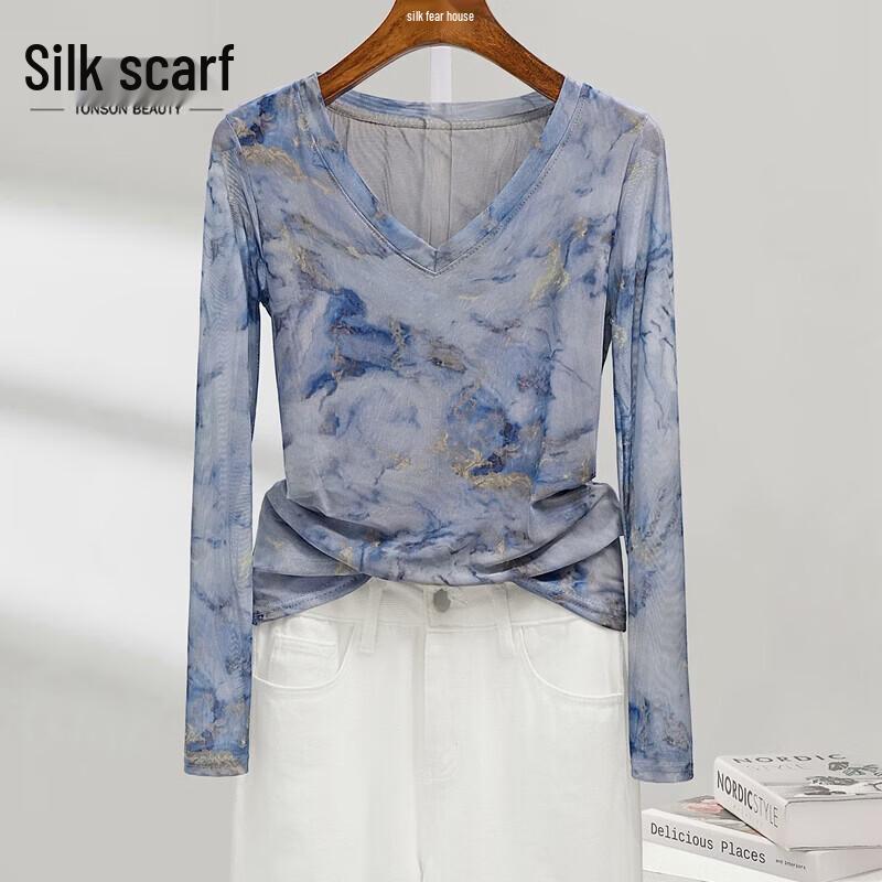 Women s V-Neck Long Sleeve Slim Fit Mesh Top S