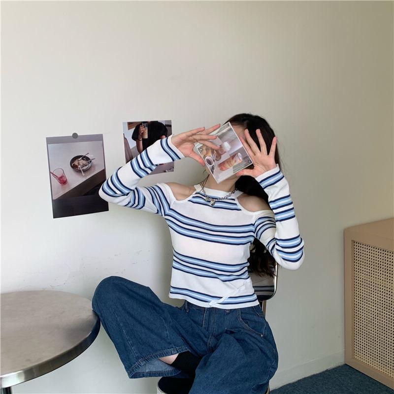 Women's Slim Off-Shoulder Striped Long-Sleeve Knit Sweater for 2025 Spring & Autumn