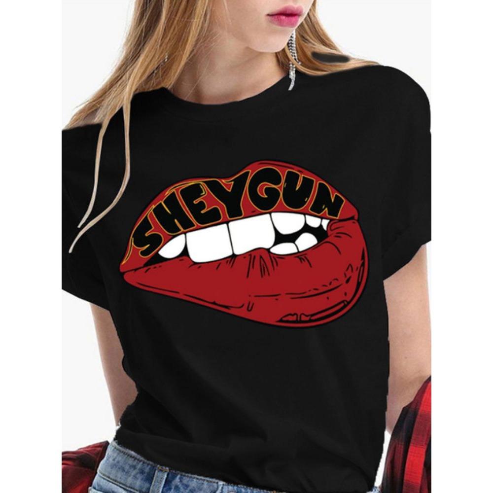 Fashion Sexy Red Lip Women T Shirt Funny Kiss Lips Print Ladies T-shirt Casual Basis O-collar Short Sleeves Female Tops Tees