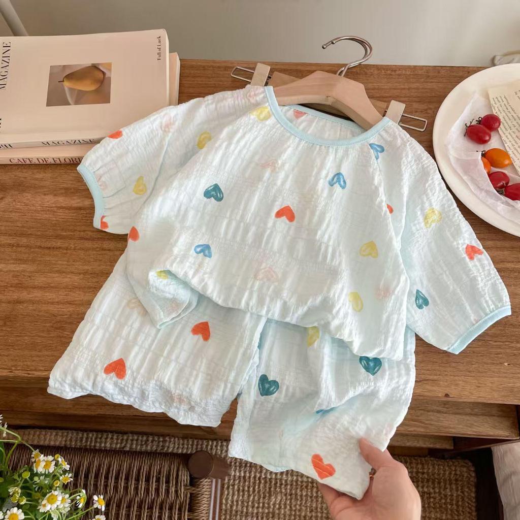 2025 Spring/Summer Girls' Pajama Set: Thin Round Neck, 5-Sleeve, 7/8 Pants, Color Block Design, Perfect for Homewear and Air-Conditioned Rooms