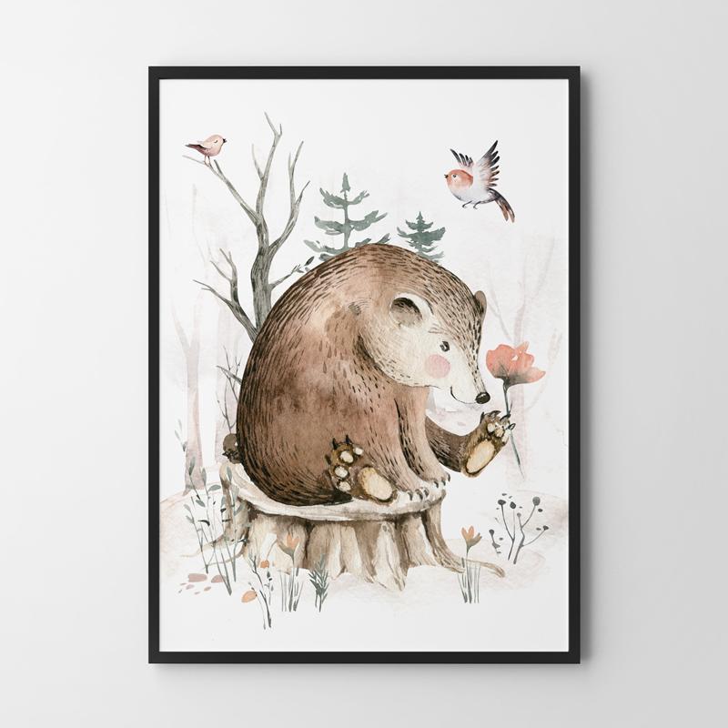 Plakat obrazki dla dziecka leśne zwierzęta miś niedźwiadek