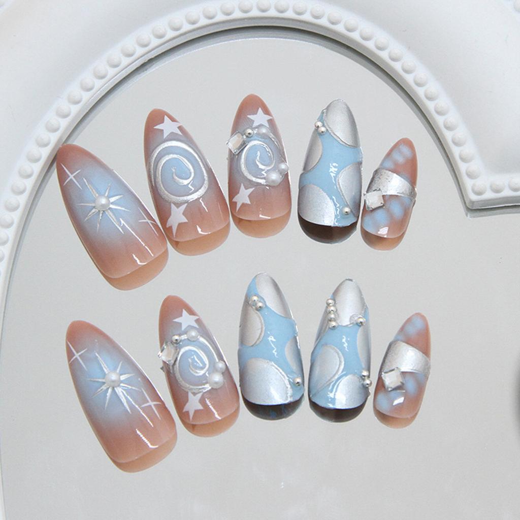24PCS Blush Blue Fake Nails with Star Printed Chip-Proof Smudge-Proof Fake Nails for Fingernail DIY Decoration