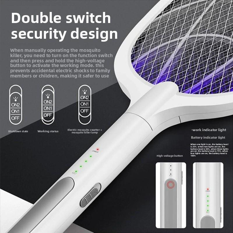 Raqueta eléctrica mata mosquitos 2 en 1 recargable USB plegable con luz UV para el hogar