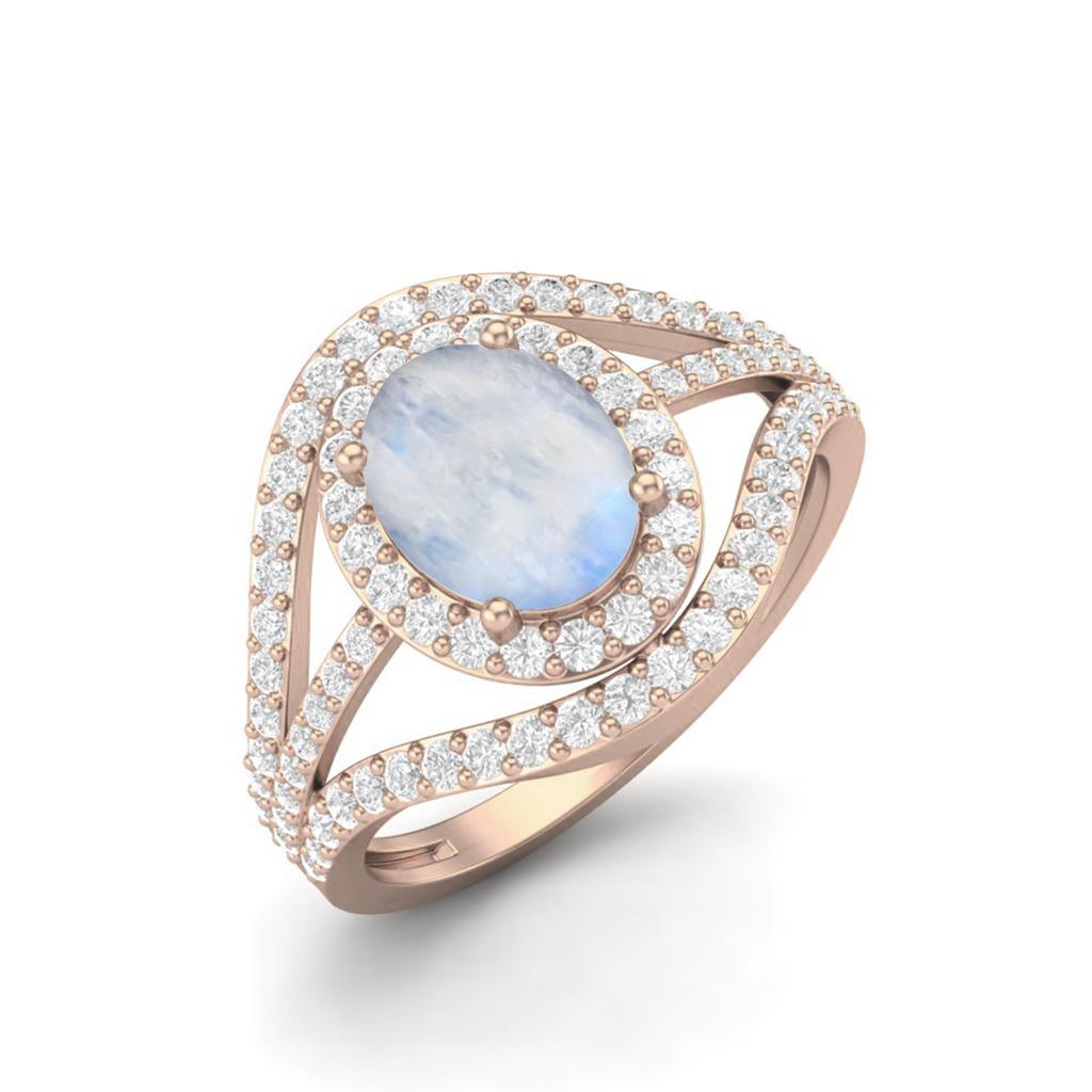 3.14 Cts Oval Cut Solitaire Moonstone Halo Three Layer 925 Sterling Silver Rose Vermeil Accent Wedding Ring