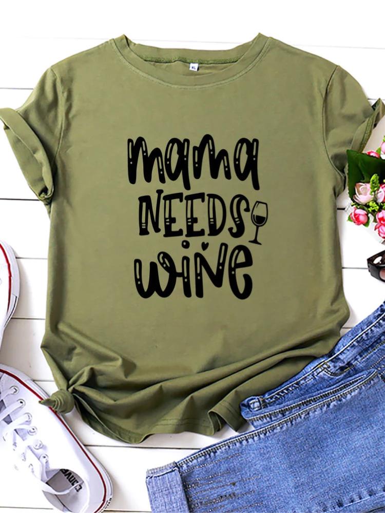 MAMA BRAUCHT WEIN Buchstabenaufdruck T-Shirt Damen Kurzarm Rundhals Lockeres T-Shirt Sommer Damen T-Shirt Tops Camisetas Mujer