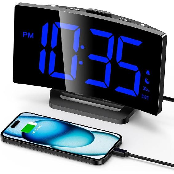 GOLOZA Digital Alarm Clock for Bedrooms, Digital Clock with Modern Curved Design, Conspicuous Blue LED Numbers, 5 Levels Brightness+Off, 2 Volume, 3 Blue Digit