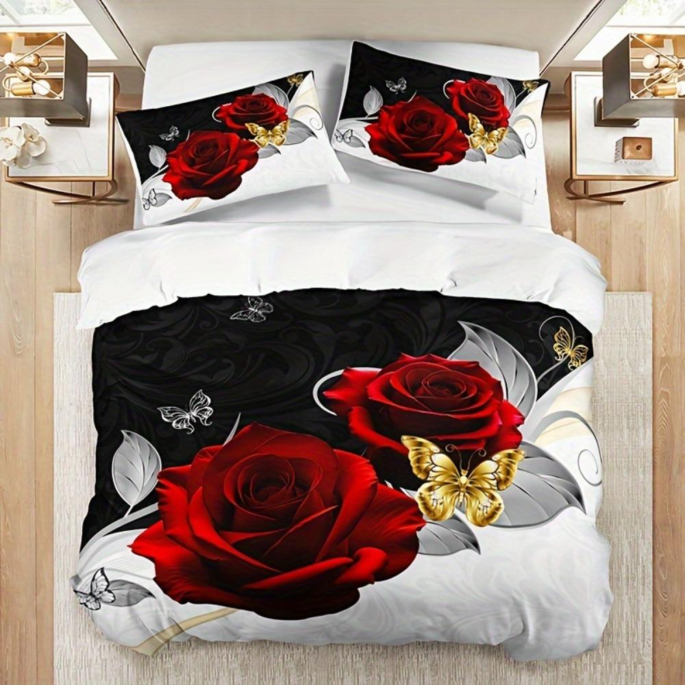 3pcs Bedding Set Golden Butterfly Romantic Rose Print Cozy Duvet Cover King Queen Twin Single Size Birthday Gift Bedroom Decor