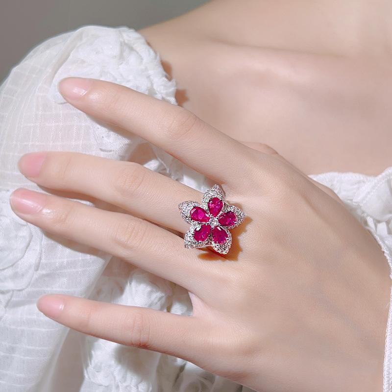 Jewelry Accessories Open-door Rings Lucky Five-star Flower Red Zircon High-end Fashion Style Women