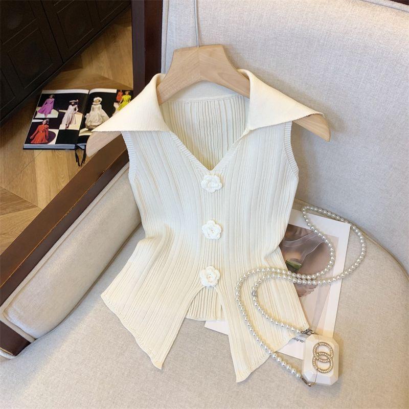 Sweet Pink 3D Floral Knitted Vest Women's Summer French Slim Fit Elegant Polo Collar Short Top