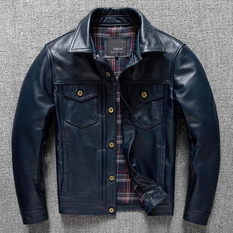 Calf Leather Head Layer Genuine Leather Lapel Short Denim Leather Jacket Men's Leather Jacket Motorcycle Large Size Jacket