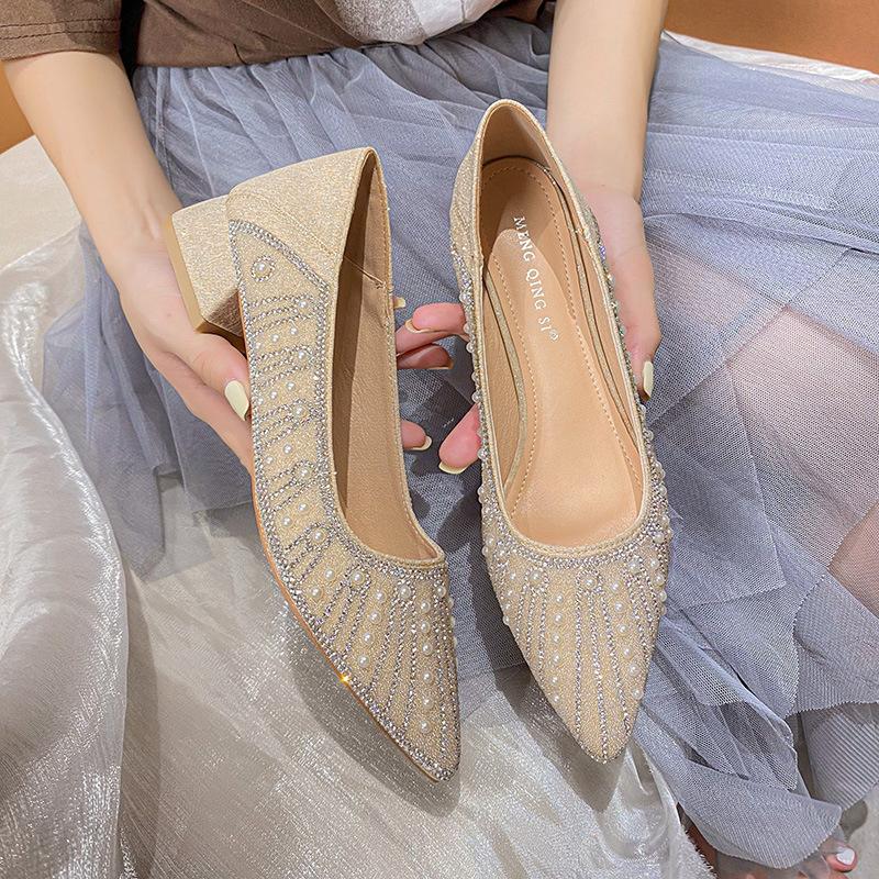 Fashion Luxury Pearl Beading high heels shoes for woman silver crystal pumps pointed toe sequines cloth bling tacones mujer big size 43