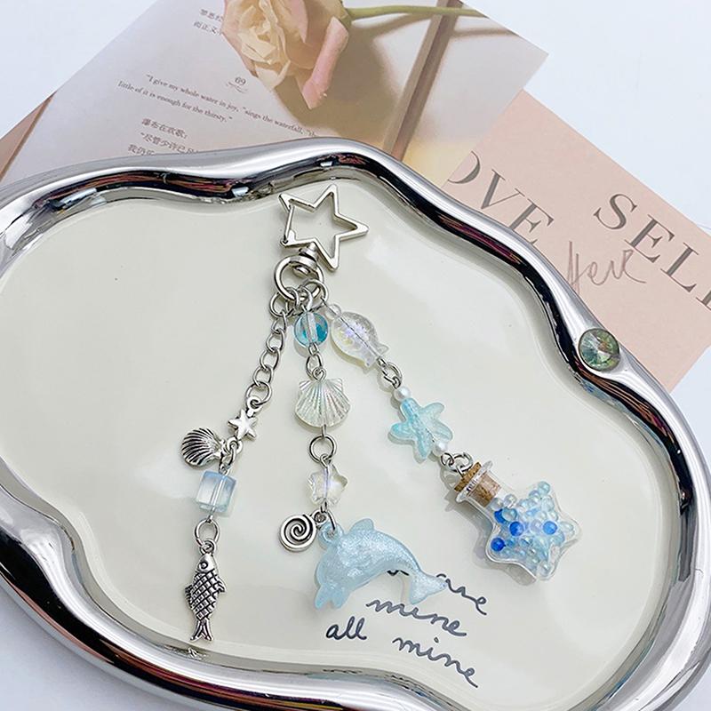 Y2K Aesthetic Marine Dolphin Wishing Bottle Pendant Shell Star Beaded Keychain Sweet Girls Bag Pendant Decor Backpack Ornament