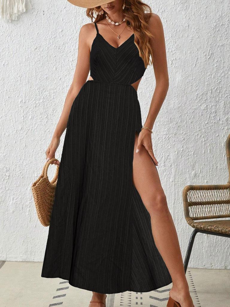 Women's V Neck Spaghetti Strap Maxi Dress Slim Fit Elastic Waist Boho Printed Cutout Side Slit Vacation Beach Dress