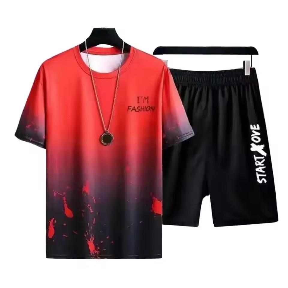 Men's New Summer Fashionable Breathable Round Neck Top Paired with Letter Pattern Drawstring Shorts Casual Sweat Wicking Set