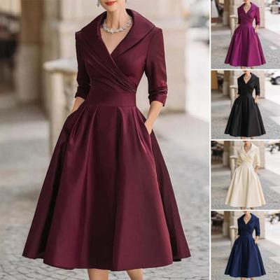 Damen Revers V-Ausschnitt Arbeitskleid Langarm A-Linie Swing Kleid Formales Business Büro Midi Blazerkleid