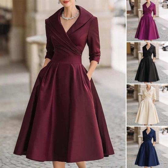 Women's Lapel V Neck Work Dress Long Sleeve A Line Swing Dress Formal Business Office Midi Blazer Dress