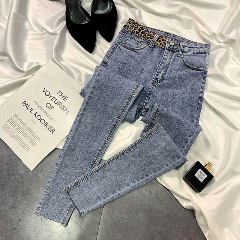 

Spliced Leopard Print Stretch High Waist Tight Look Slim Hairy Edge Pencil Foot Pants Winter 4XL світло-синій колір