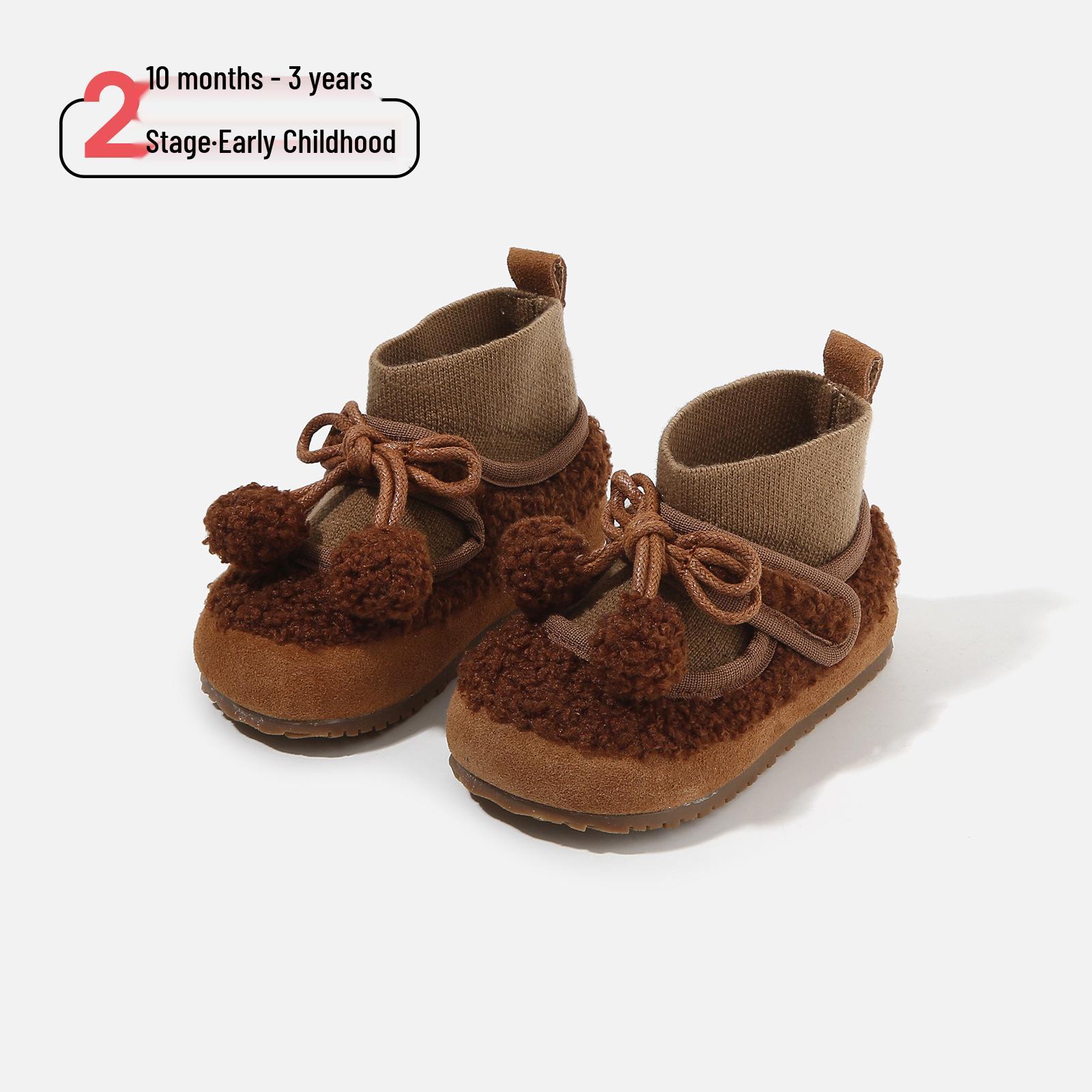 

2025 Winter Toddler Girl Plush Cotton Bowknot Shoes: Soft Sole, Velvet Fur, Cute Korean Style Factory order price 16-20 (120 pairs) коричневий