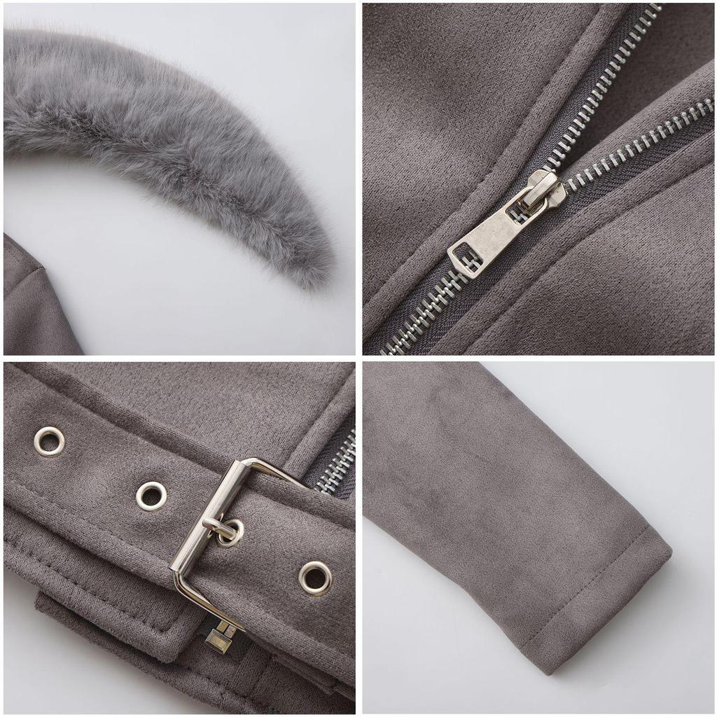 Women’s Faux Fur Coats 2 Way Wear Outfit Detachable Fur Collar Zipper Jacket Matte Faux Suede Crop Top Stylish Motobike Wear