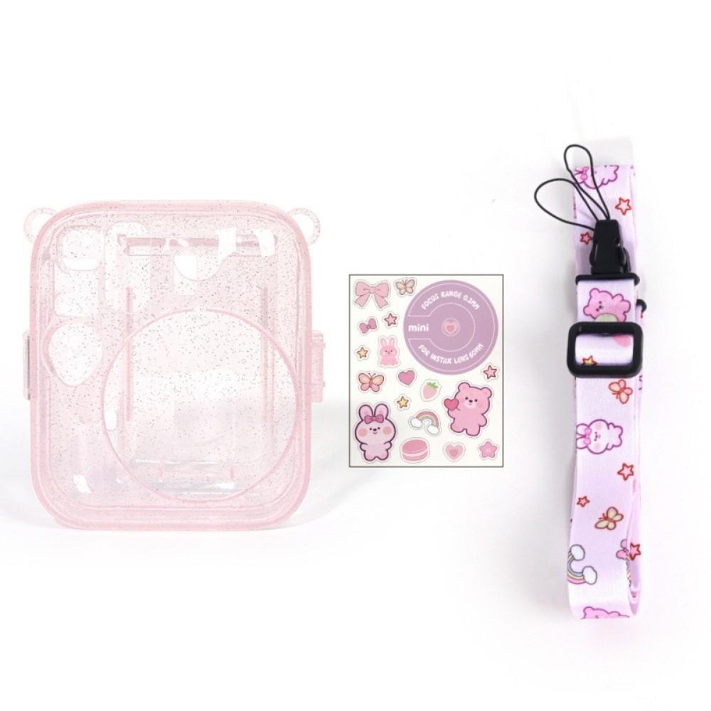 Translucent Glitter Instant Camera Case with Cartoon Sticker Adjustable Strap Protective Cover for Fujifilm Instax Mini 13