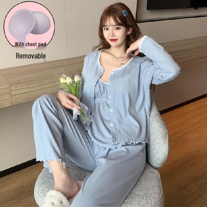 Pure Desire Women's 3-Piece Pajama Set: Long Sleeve, Spring/Autumn Cotton, Padded Camisole, Sexy Homewear