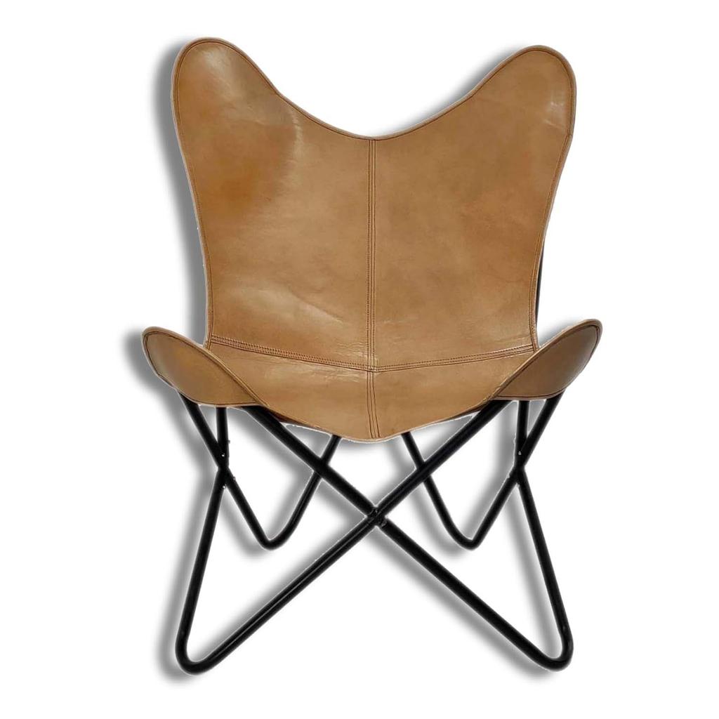 Camel Color Genuine Buff Leather Butterfly Chair - Comfortable Arm Rest Living Room Butterfly Chair – with Black Powder Coated Iron Stand