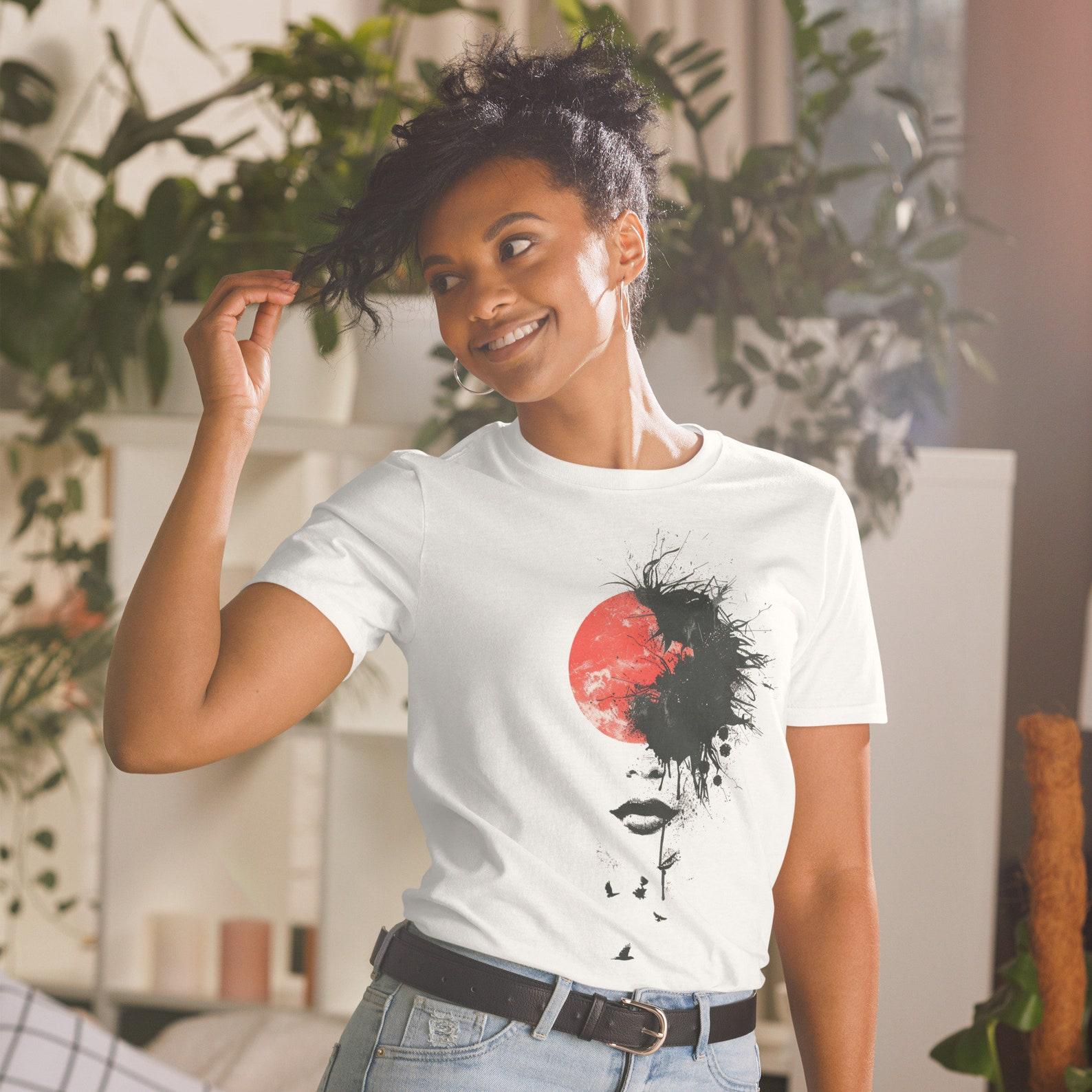 Abstract Face Red Sun Graphic T-Shirt - Artistic Expression Tee - Unisex Soft Cotton Top S