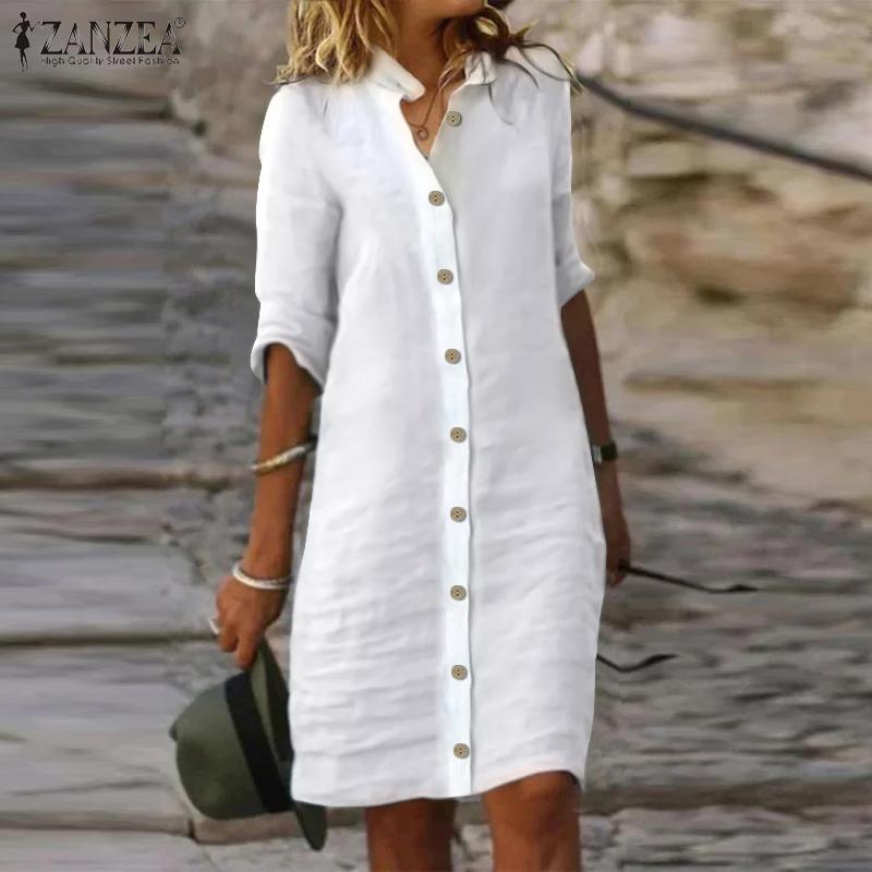 

ZANZEA Женское повседневное свободное летнее платье-рубашка с круглым вырезом и коротким рукавом