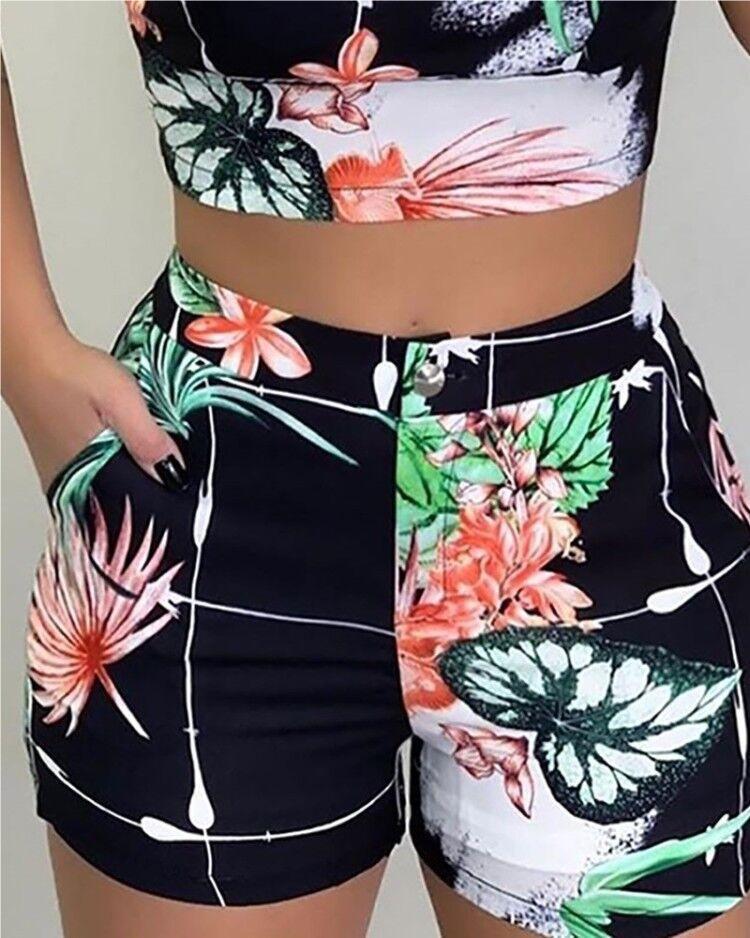 European and American Women's Summer Spaghetti Strap Slim-Fit Printed Shorts Set
