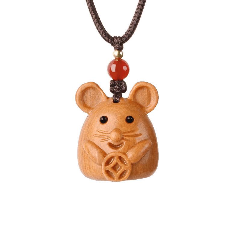Sandalwood Zodiac Rat Pendant Keychain Necklace: Versatile Charm for Bags and Phones