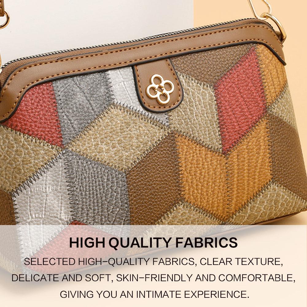 Stylish PU Leather Crossbody Bag Color Block Ethnic Design Adjustable Detachable Strap Zipper Closure Inner Phone Pocket