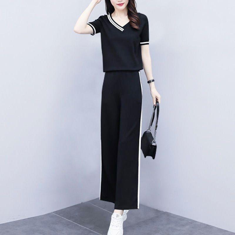 Summer Sports Suit for Women, Fashionable, Slim, Short-sleeved, Wide-leg Pants, Casual Two-piece Set