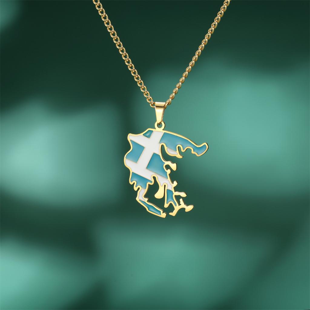  Drip Oil Greece Map Pendants Necklaces 2024 Stainless Steel Gold Silver Color Fashion Greek Flag Patriotic Jewelry Gifts