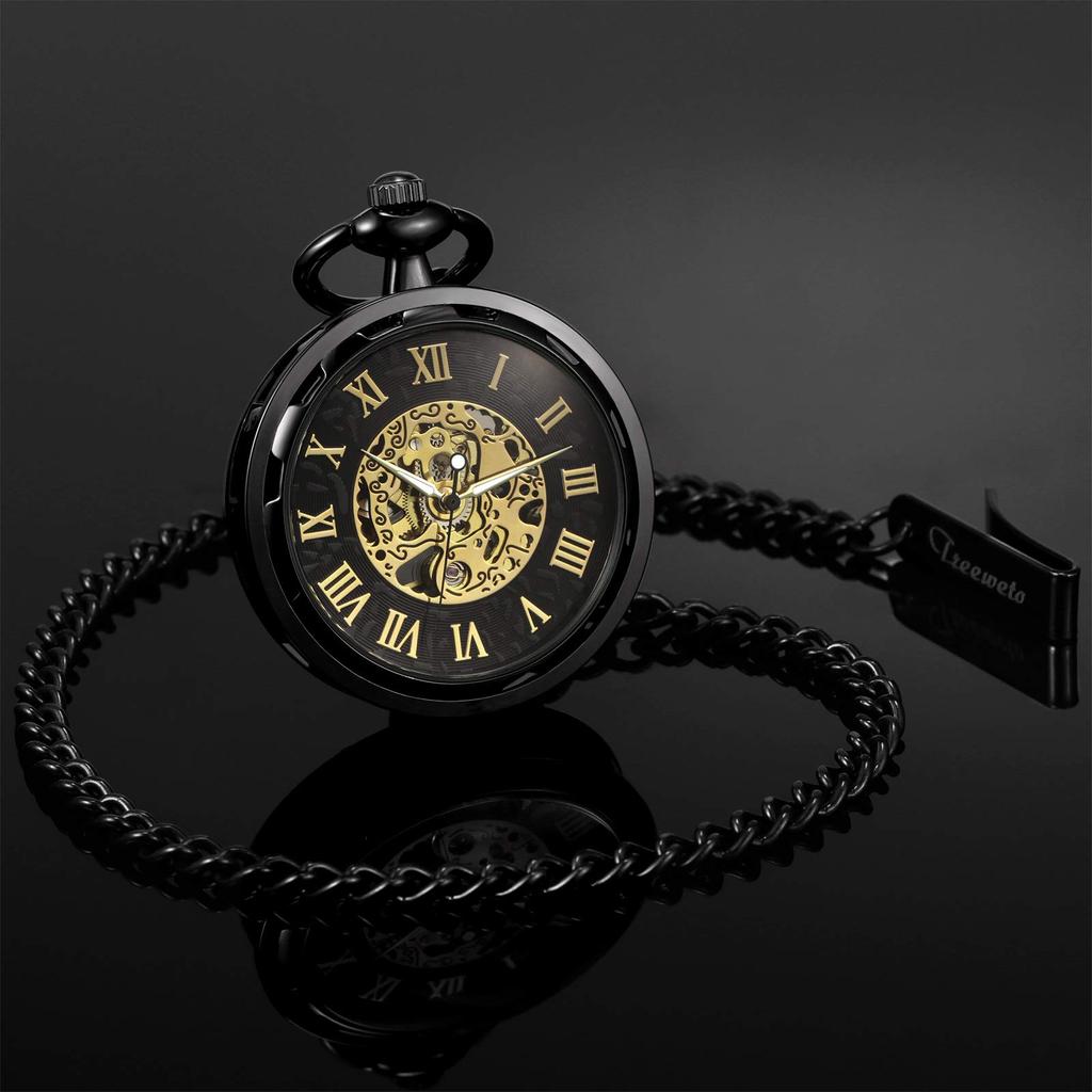 TREEWETO Pocket Watch, Hand-wound, Antique, Mechanical, Skeleton, Men's, with Chain (black)