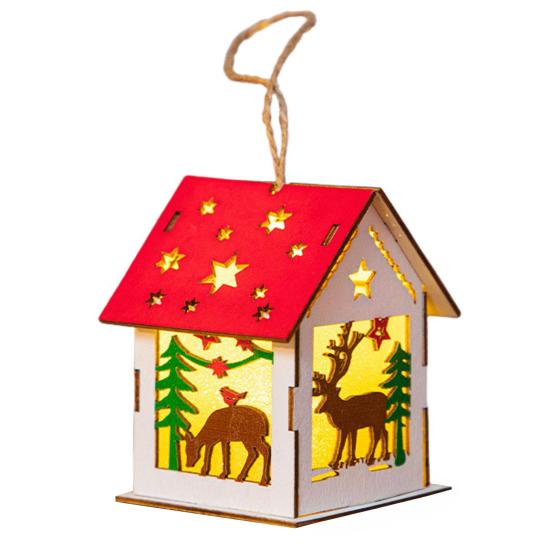 Yousheng Wooden Christmas Decor with LED Light 3D Carved Hanging Wood Star/Village House/Bell/Gift Box Ornament for Xmas Tree Decor