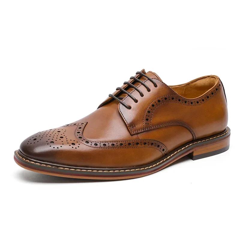 Plus 47 Men Genuine Cow Leather Shoes Luxury Handmade British Vintage Carving Brogues Oxford Dress Shoe Brock Deby Shoes