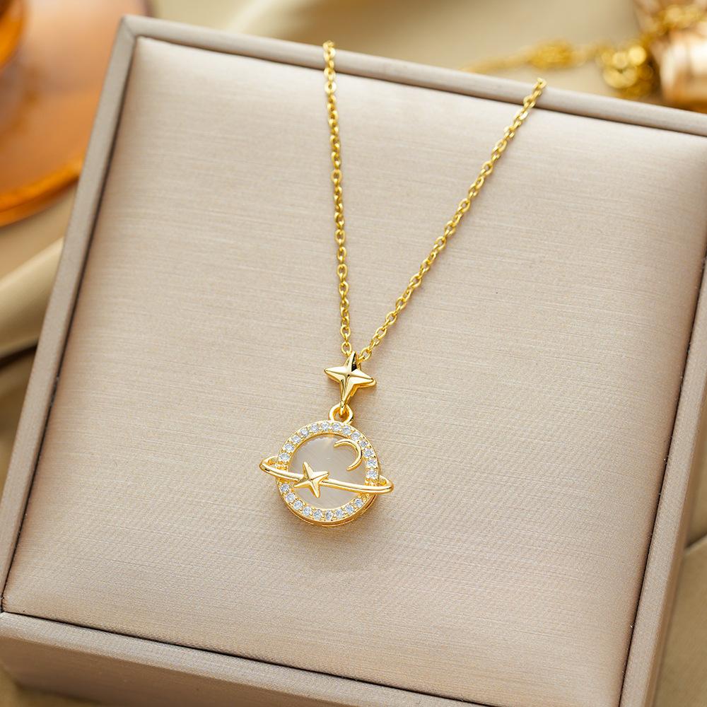 Titanium Steel Micro-Set Cat s Eye Moon Pendant Necklace Luxury Elegant Necklace Jewelry