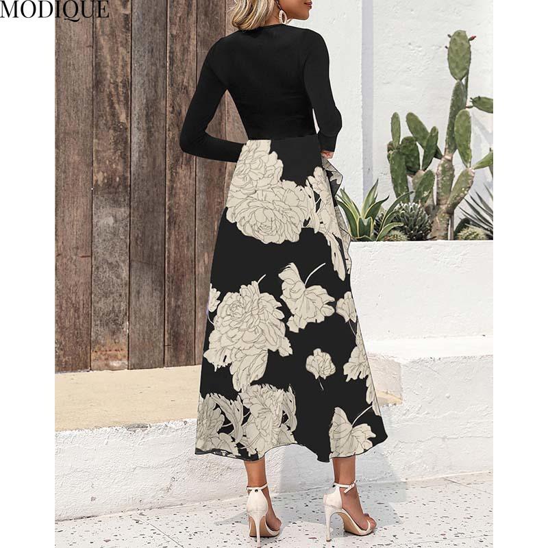 MODIQUE 2025 Spring New Women's Casual Vintage Floral Printing Patchwork Long Dress Ladies A-Line Long Sleeve O-Neck Dress