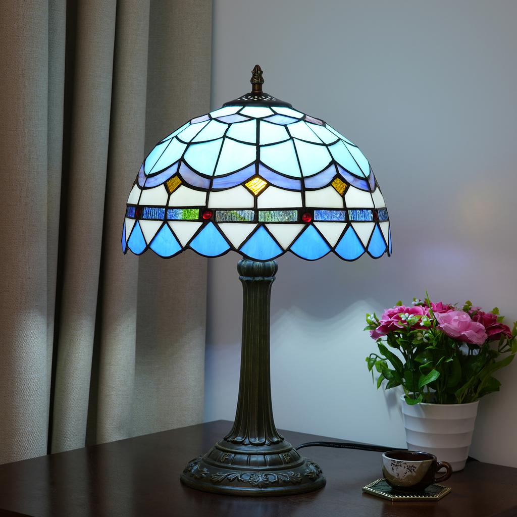 Yellow Peacock Tail Style Stained Glass Table Lamp Vintage Handmade Reading Lamp for Living Room Home Office Decor Light