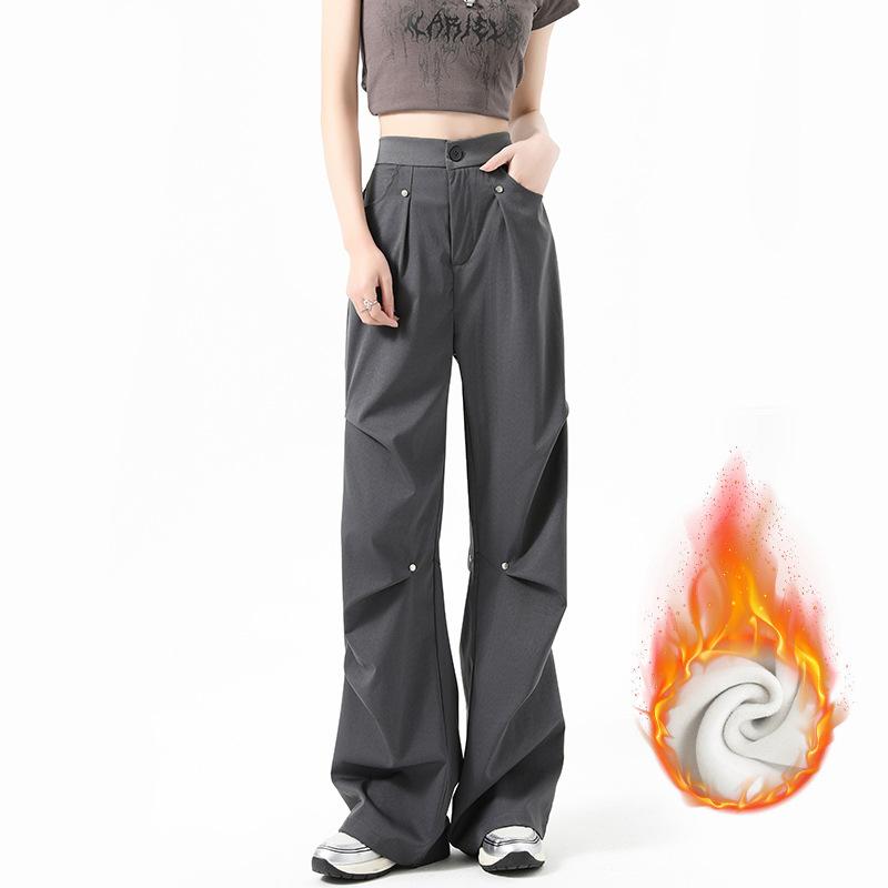 Autumn and winter velvet overalls women's new thermal pants high waist loose casual pants small wide leg straight pants