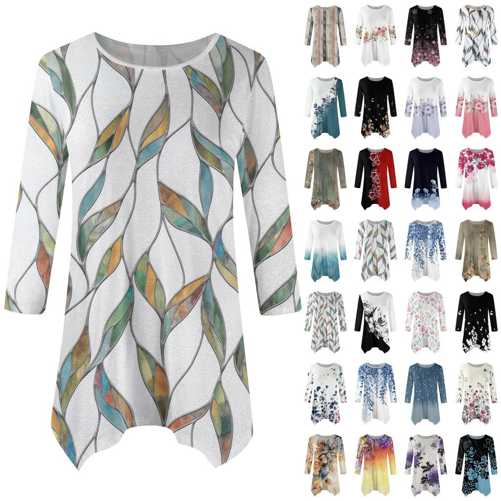 Dámská móda Ležérní tričko s kulatým výstřihem a květinovým potiskem, sedmirukávové, s páskem, volný pohodlný top