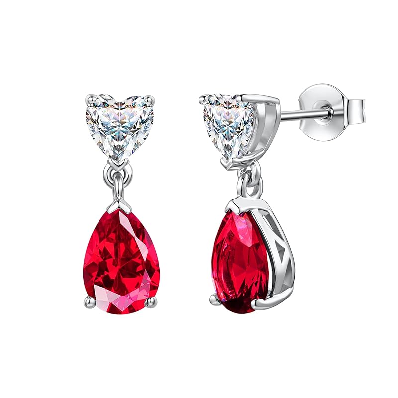 

[FANCIME] birthstone earrings ladies July ruby drop heart motif zirconia silver S925 amulet stone accessories Christmas birthday present gift reward