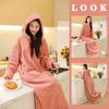Women’s Hooded Cable Knit Pajama Set - Solid Color, Thick Coral Fleece, Plus Velvet, Cute Long Bathrobe, Perfect for Autumn and Winter